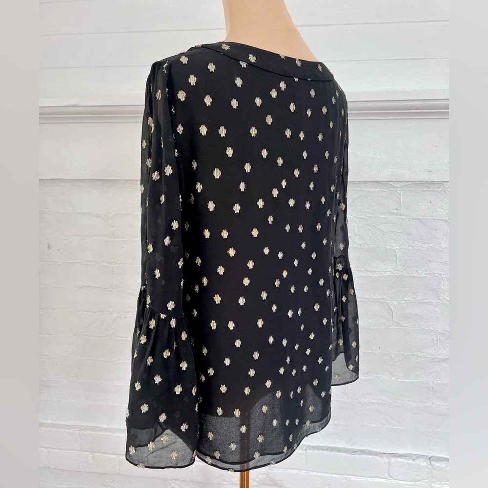 Lilly Pulitzer Amory Starry Silk Chiffon Blouse Black Gold Metallic Bell Sleeve - Picture 9 of 17
